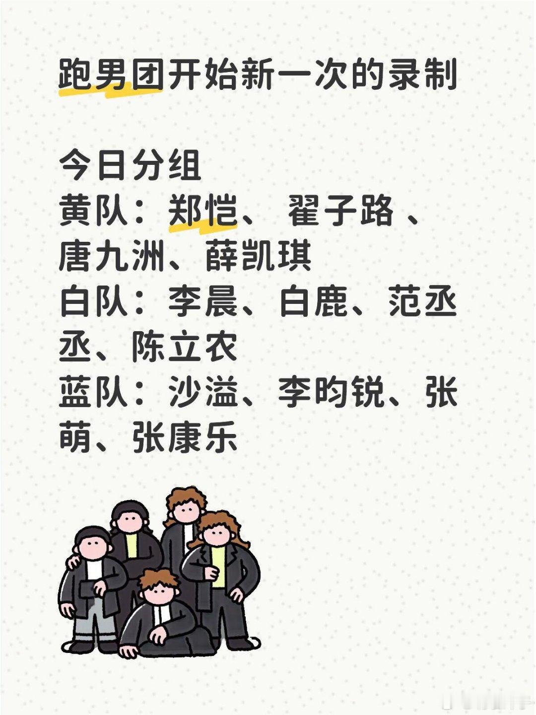 跑男团开始新一次的录制今日分组黄队：郑恺、 翟子路 、唐九洲、薛凯琪白队：李晨、