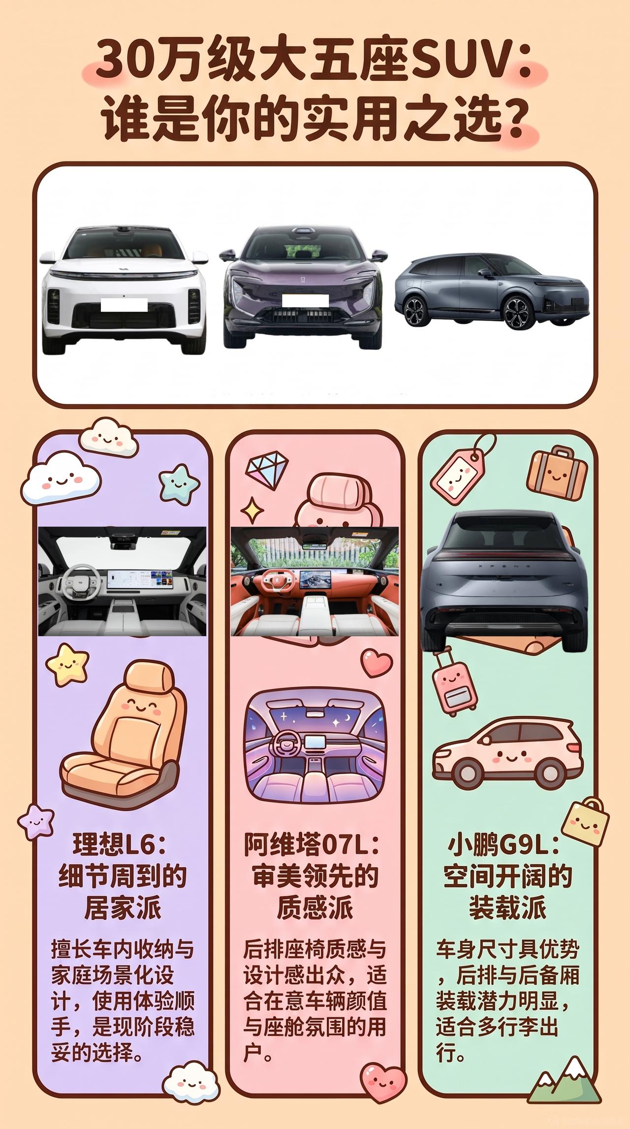 30万大五座：阿维塔07L、全新理想L6、小鹏G9L，后排和后备厢谁实用
年轻家