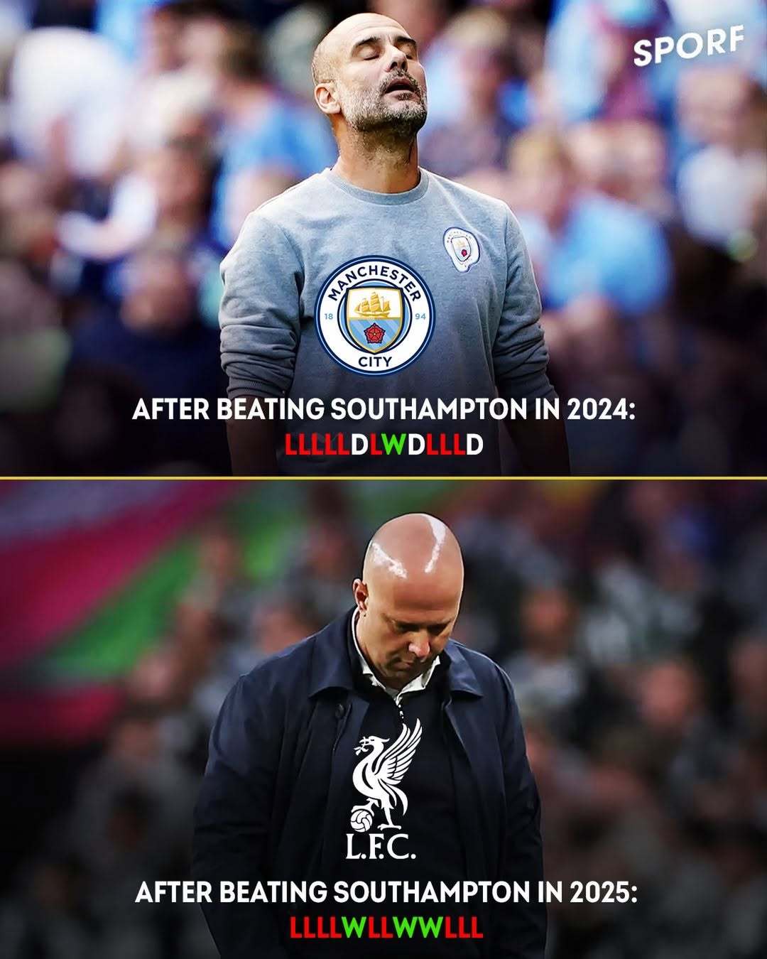 上赛季曼城主场击败圣徒南安普顿后，接下来12场输掉9场本赛季利物浦主场击败圣徒南