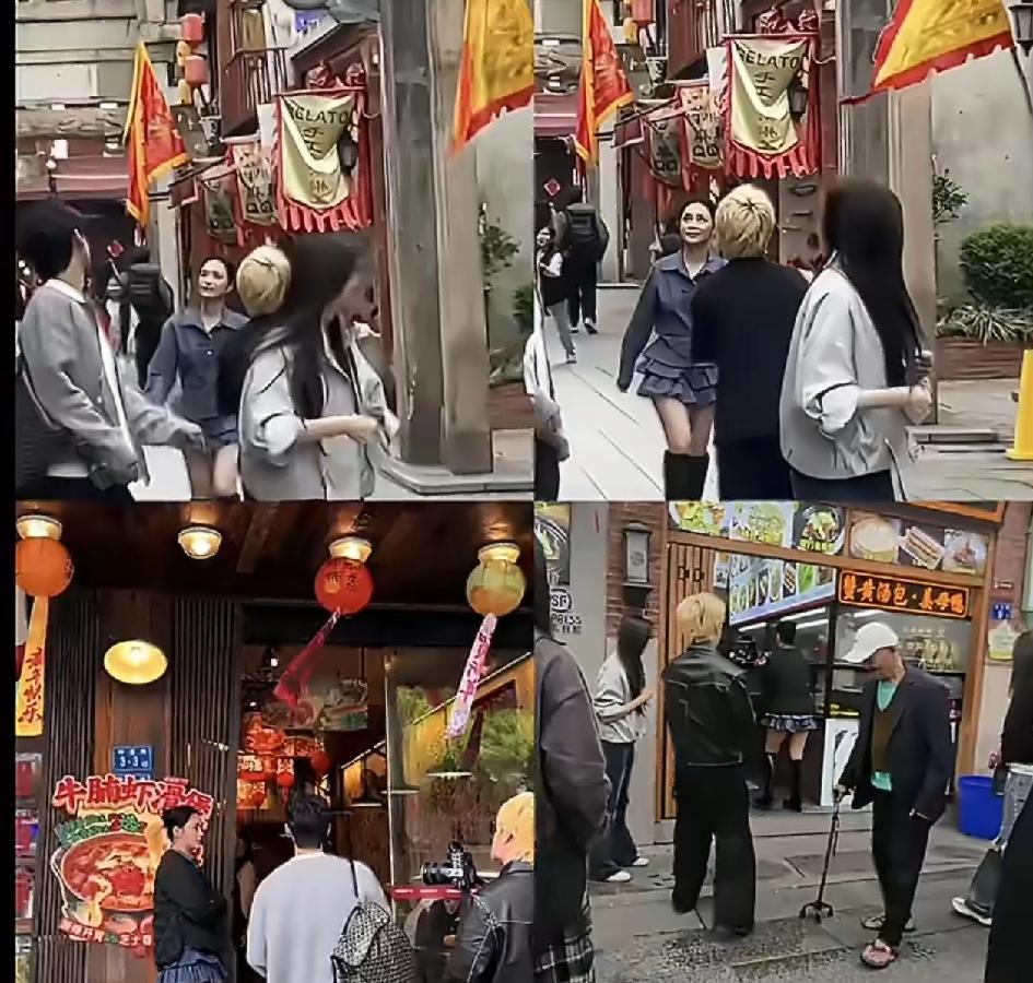 网友近日在福建漳州古城偶遇阿娇，其穿搭引发讨论。她身穿蓝色花边裙，搭配高筒黑靴，