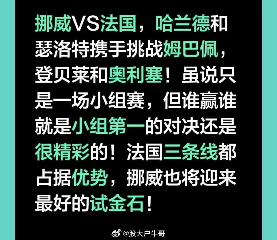 世界杯今晚将迎来一场焦点大战，法国对挪威，姆巴佩和哈兰德巅峰对决，检验挪威的黑马