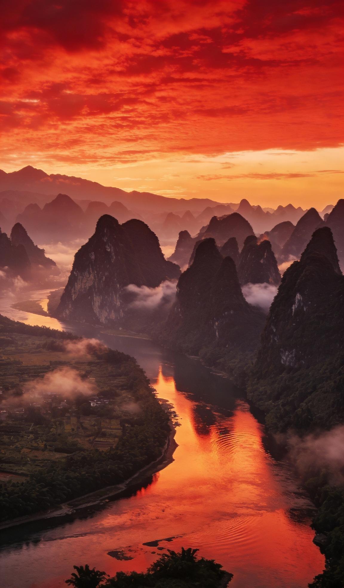 壁纸1简介
染遍天际，流云漫卷成绮，青山枕着碧波，红霞映水漾温柔。目之所及，皆是