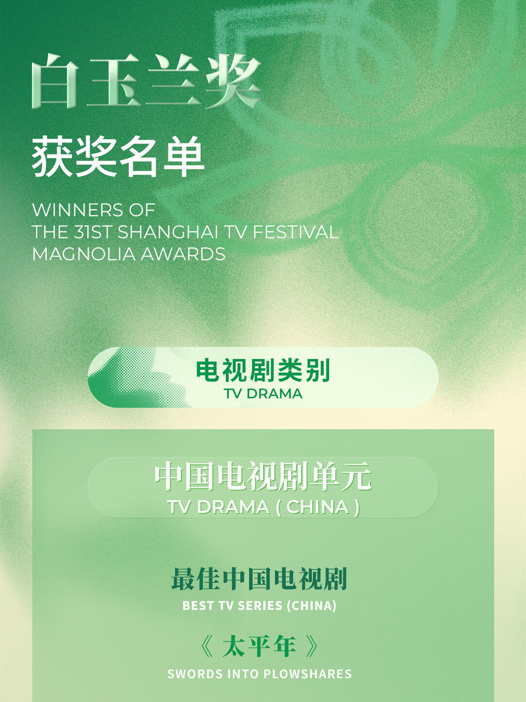太平年最佳中国电视剧恭喜太平年获得了最佳电视剧大奖，这是对优秀的制作团队和优秀演