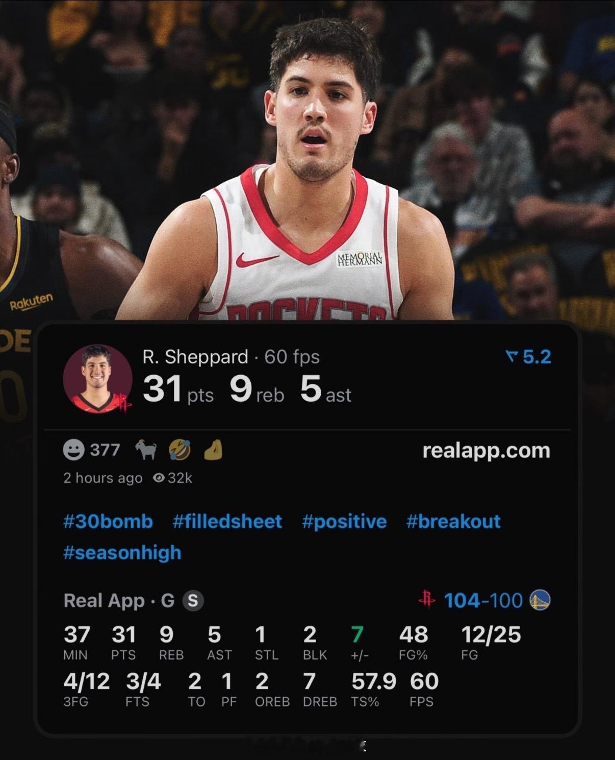 谢泼德31分NBA杯火箭104-100逆转勇士，谢泼德轰31+9+5创生涯新高，