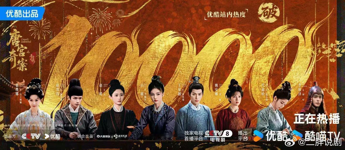 【二胖恭喜】唐宫奇案破万 白鹿、王星越主演的《唐宫奇案 》优酷热度破万！恭喜！可