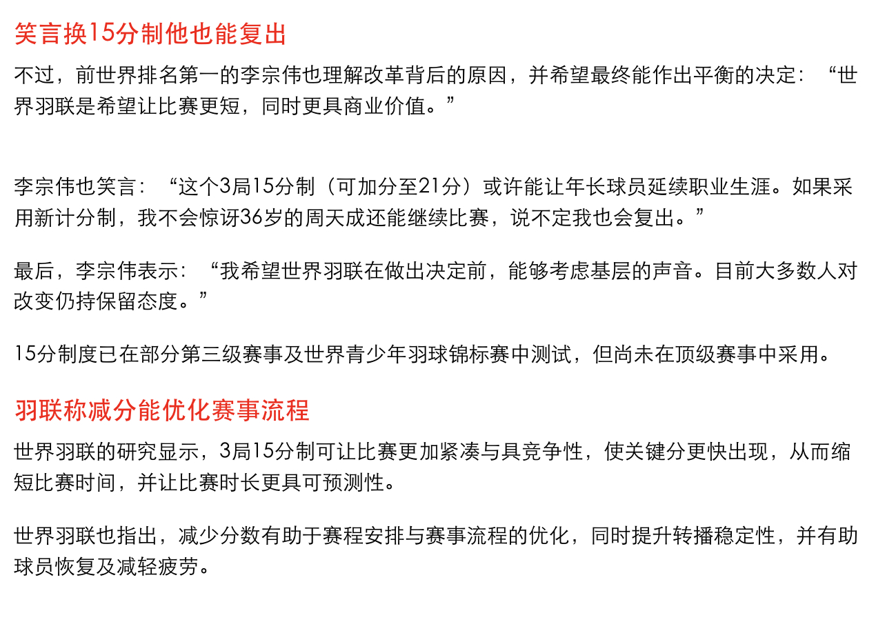 【李宗伟质疑世界羽联计分制改革 不认同21分换15分制】李宗伟虽然认为现有的21