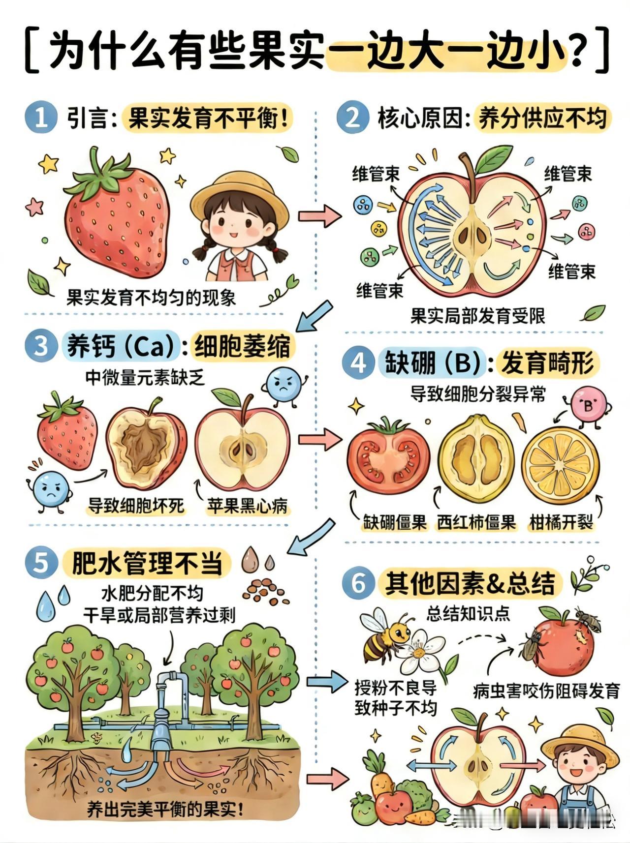 果实或者茄果类蔬菜，一边大一边小，主要是花芽分化时缺硼，膨果期缺钙，流体硼，糖醇