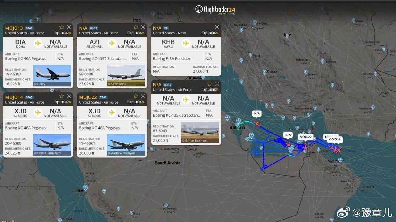 数小时前，几架美国空军战机飞越了阿联酋上空至霍尔木兹海峡入口处上空。美伊战争后当