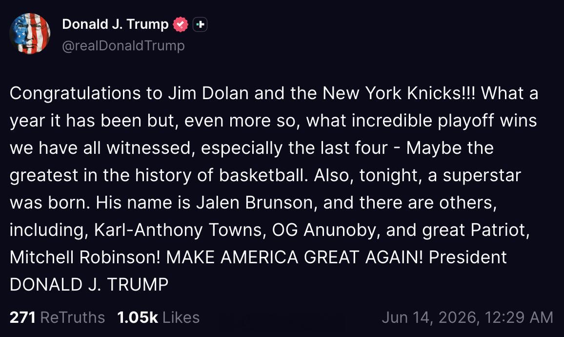 川普发来贺电：“祝贺 Jim Dolan 和纽约尼克斯！！！这一年真是太精彩了，