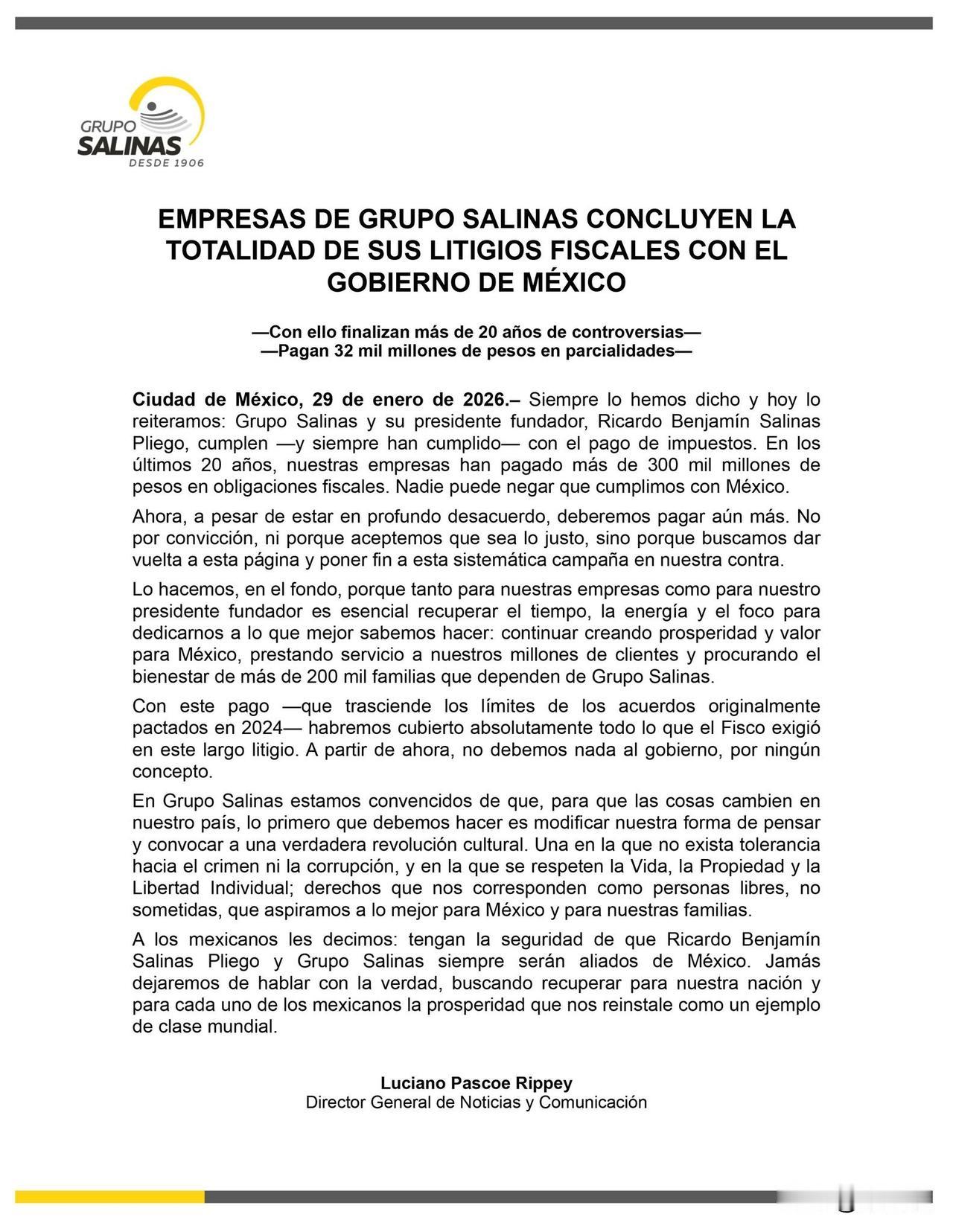 墨西哥 Grupo Salinas 集团与其政府之间的税务纠纷达成解决方案。 