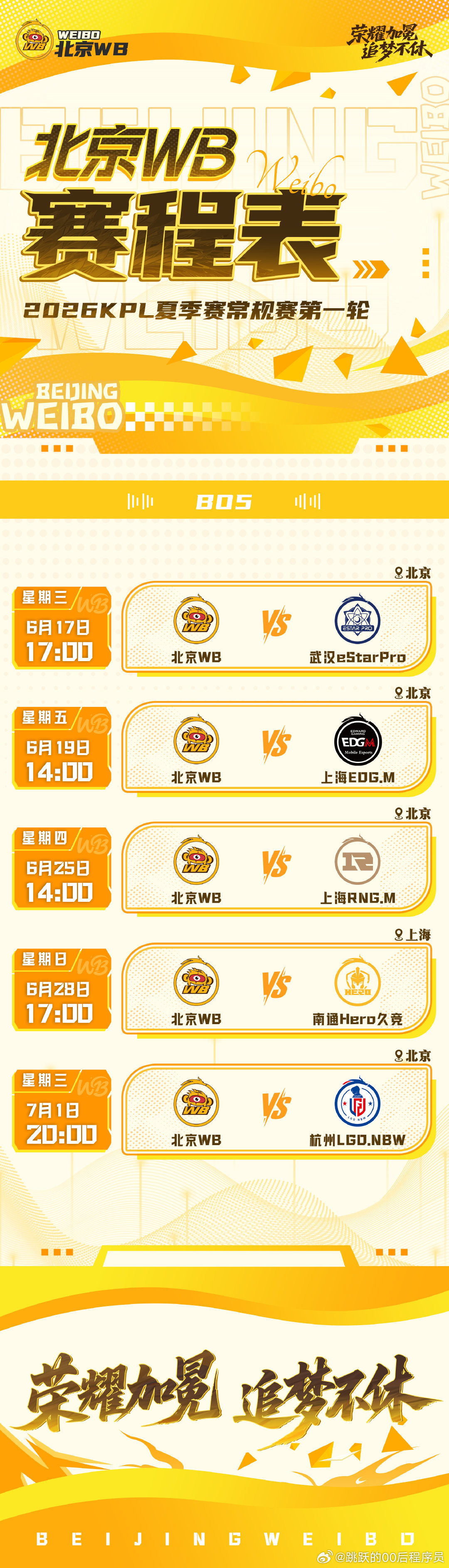 WB夏序启航【2026KPL夏季赛 常规赛第一轮赛程表】勇毅向前，奔赴每一场山海