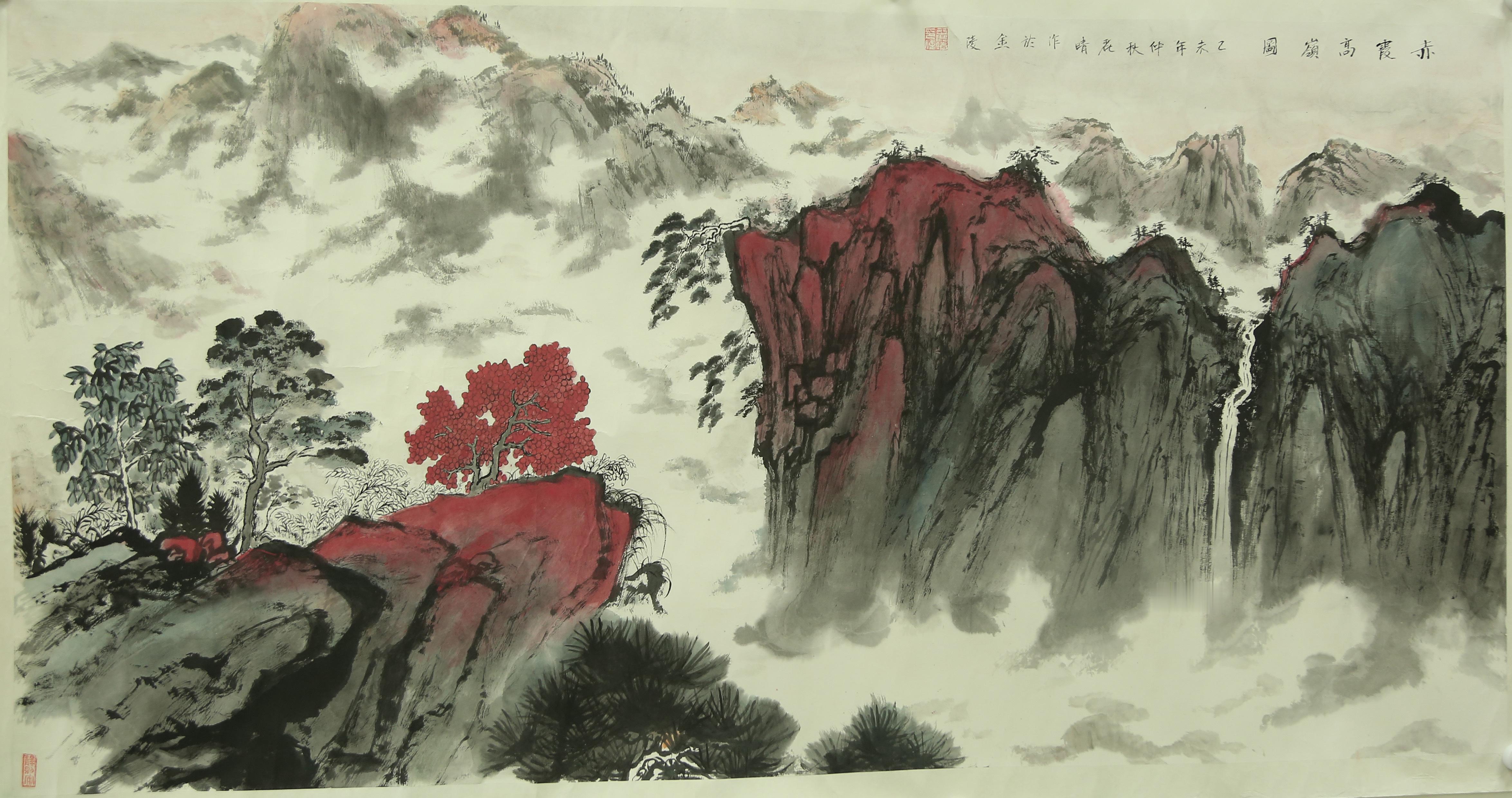 《红叶点染，生机盎然》画面中，一株红树如火焰般绽于崖畔，在青灰主调的山水间格外夺