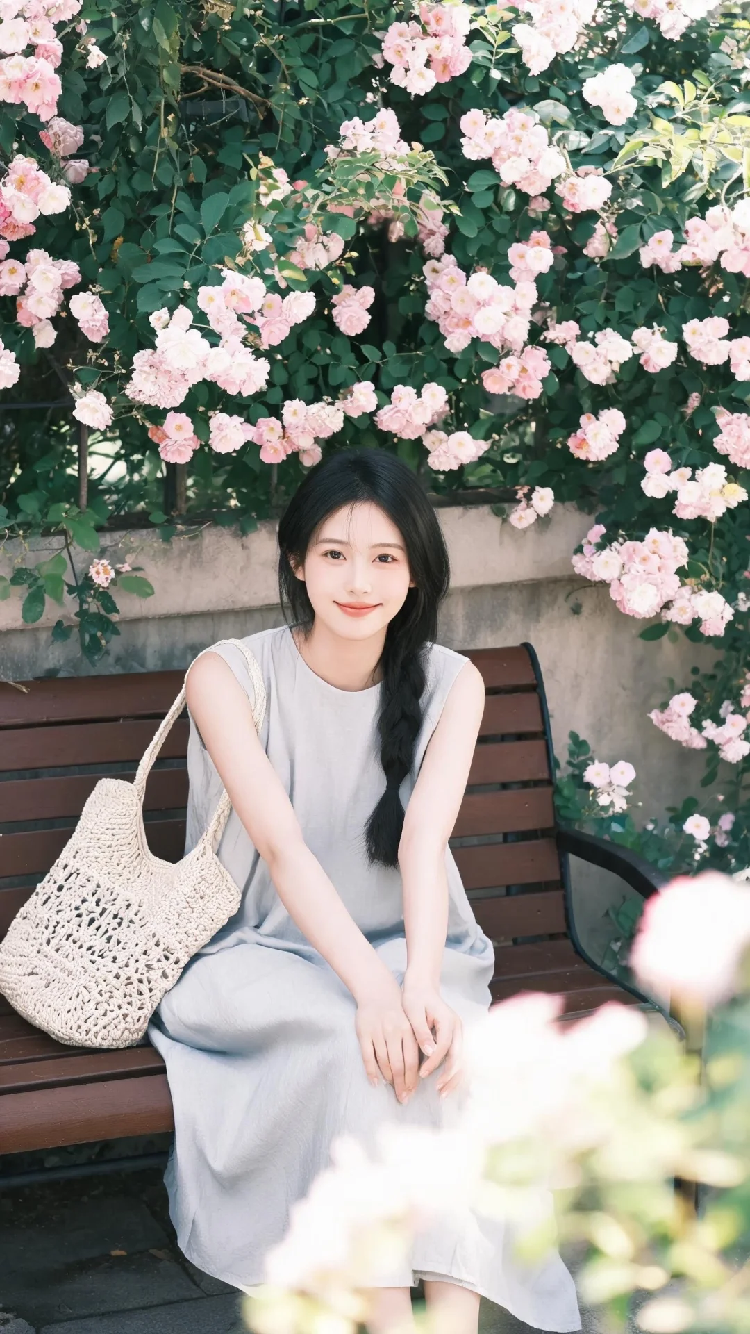 清新治愈韩系人像写真，1位年轻东亚少女，乌黑柔顺长发编成单侧垂落麻花辫...