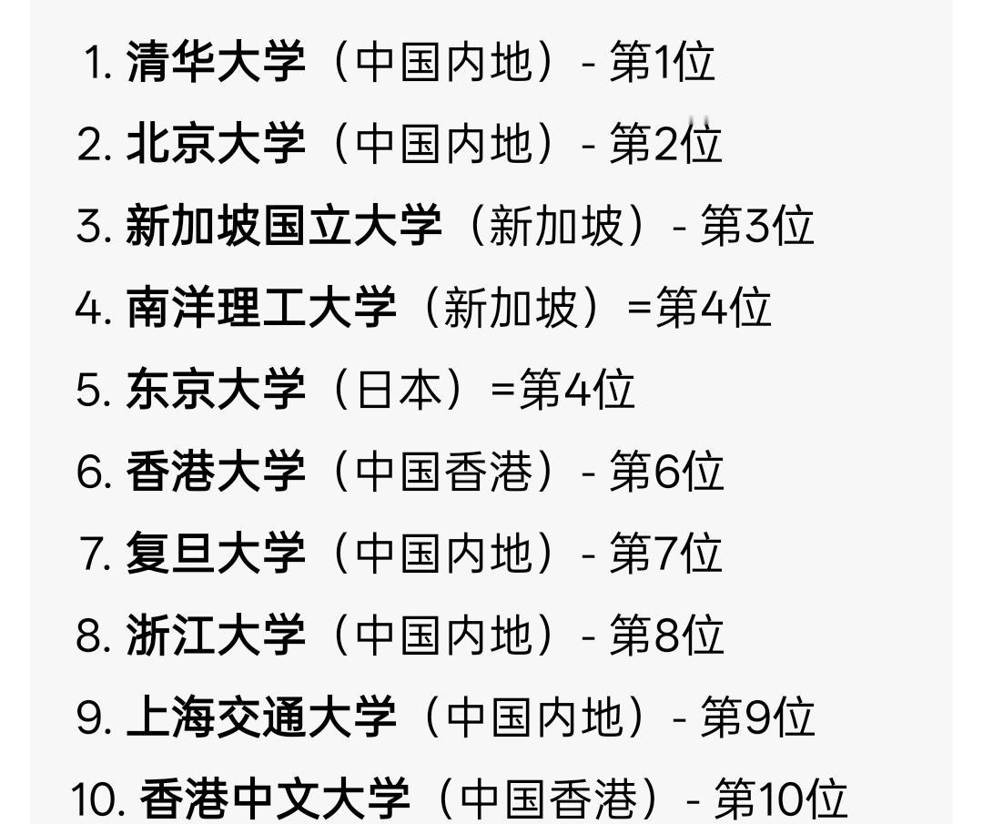 太震撼了！
泰晤士2026年亚洲大学排名，前十名中有七个是中国的大学，清华，北大