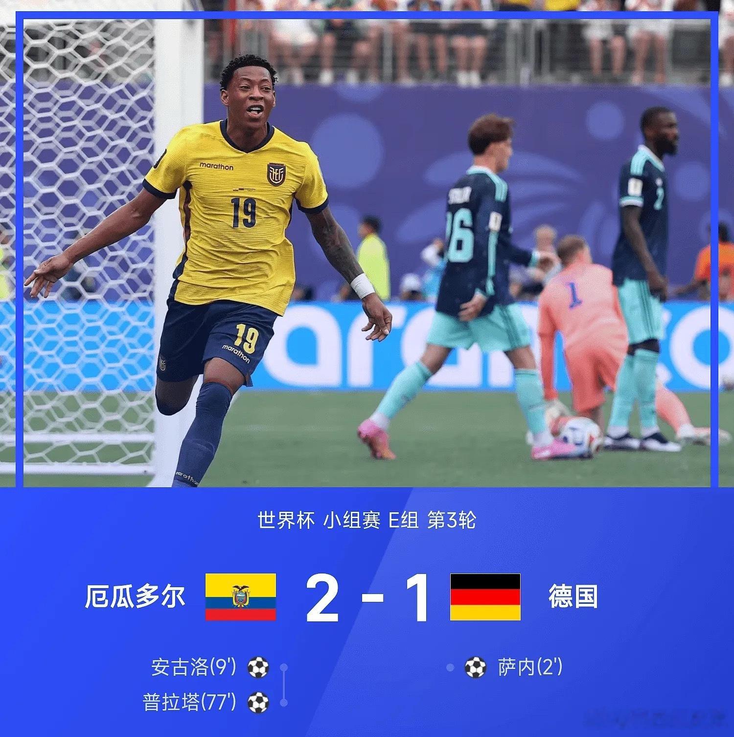 世界杯战报：普拉塔制胜，厄瓜多尔2-1德国晋级淘汰赛厄瓜多尔2比1德国厄瓜多尔v