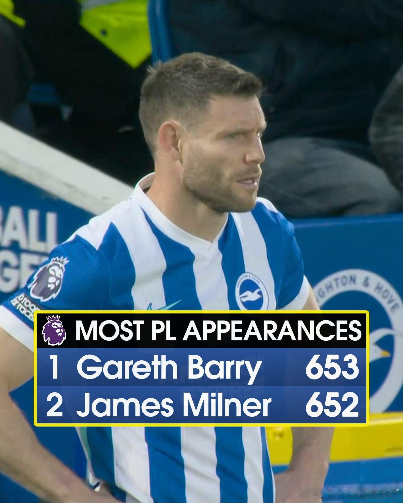 米尔纳还剩下一场就追上巴里的纪录了 