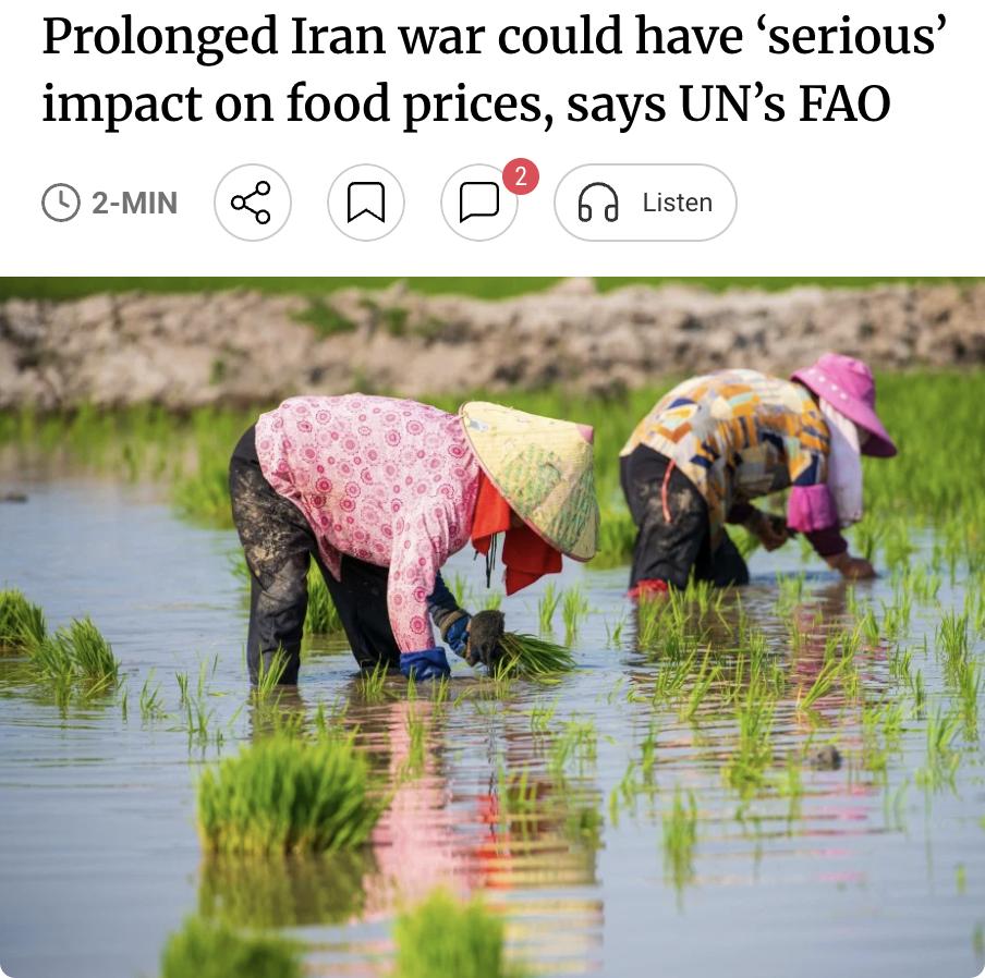 外媒：联合国粮农组织警告，若伊朗战争持续，将对全球食品价格产生"严重"影响。
