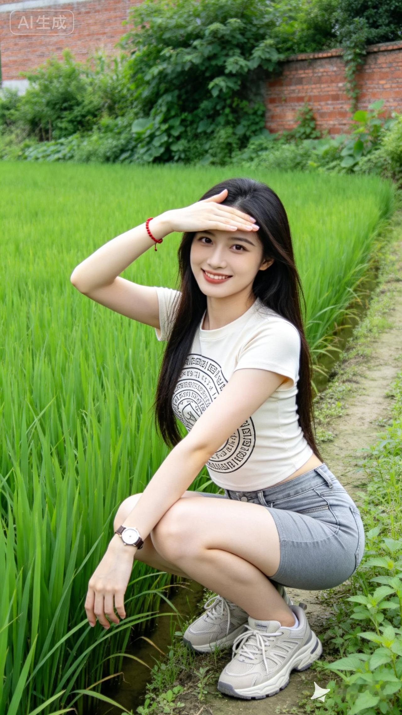 田园少女蹲在绿油油的稻田旁，微笑着享受美好时光。
