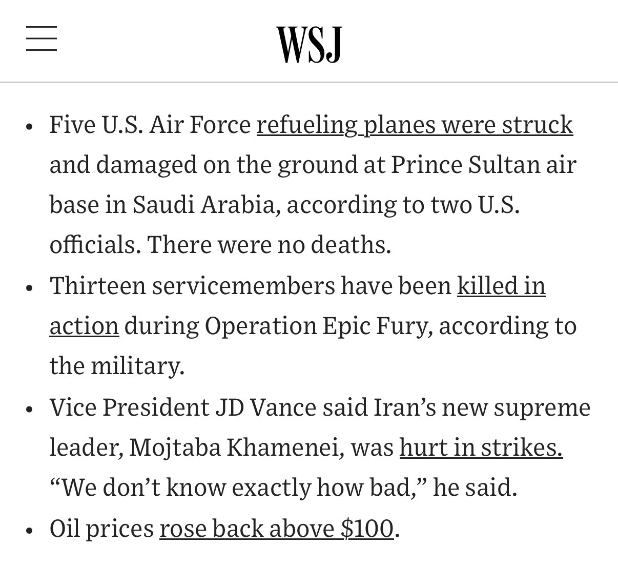华尔街日报：两名美国官员称部署在沙特基地的5架空中加油机被击中受损美伊以冲突热点