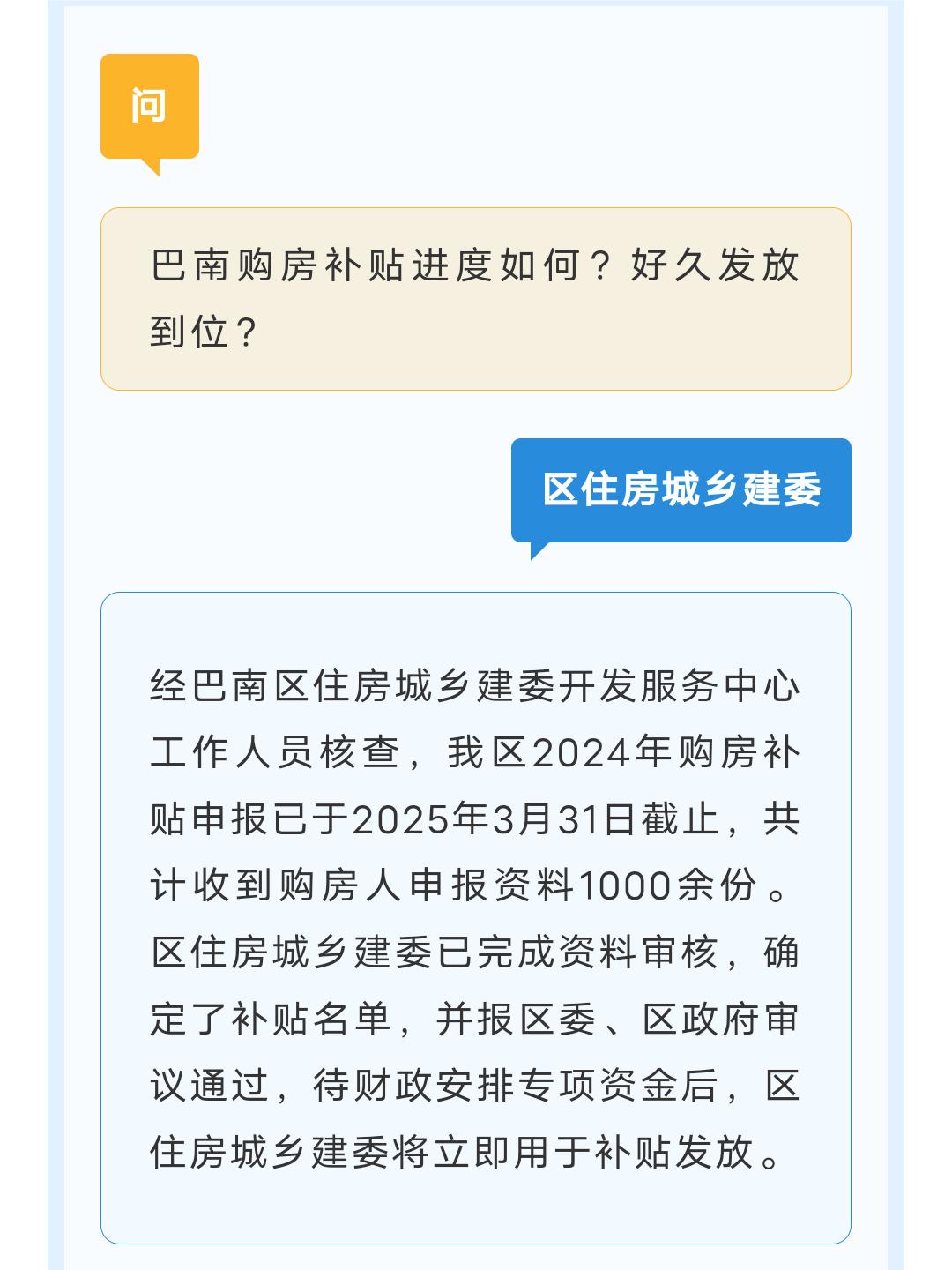 巴南购房补贴好久发放到位？官方回复！
近日，
据看巴南的消息，
有网友询问，
巴