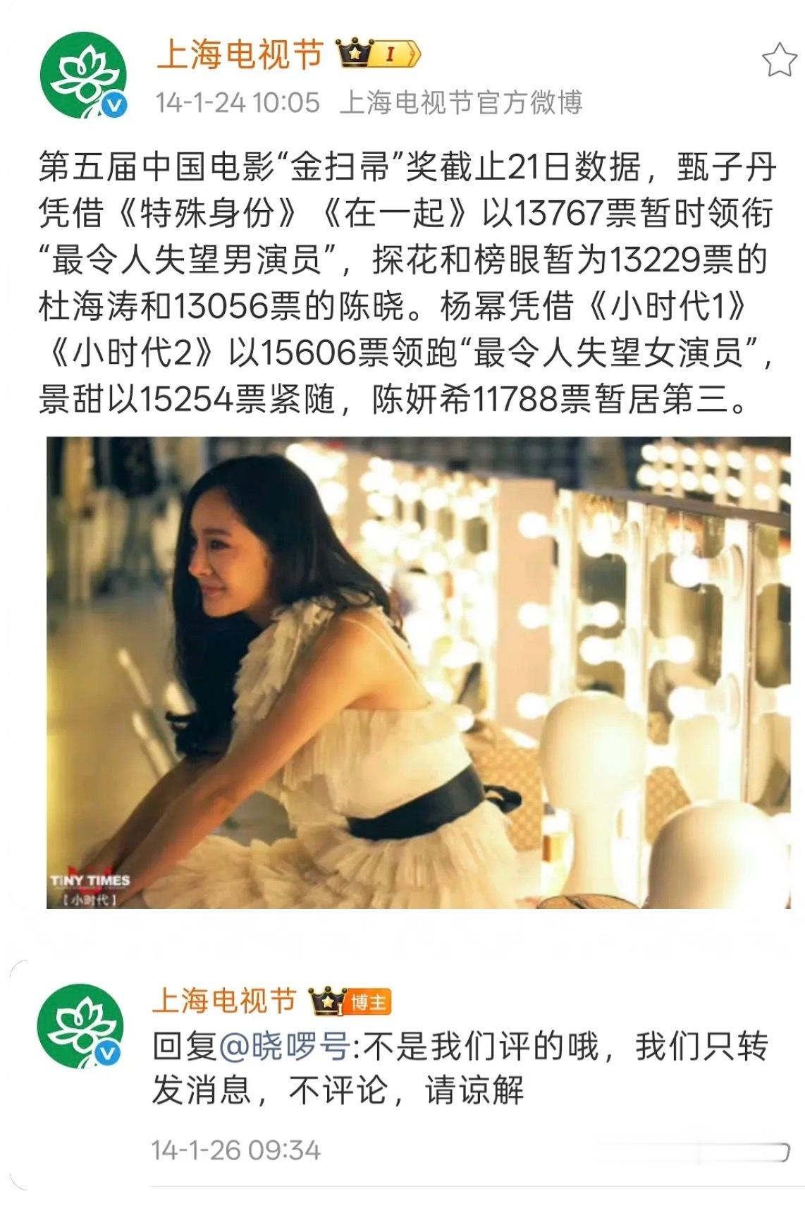杨幂豪门嫡长姐白玉兰曾经亲自认定杨幂是金扫帚影后，我不行了呀甚至是只发了她的，唯