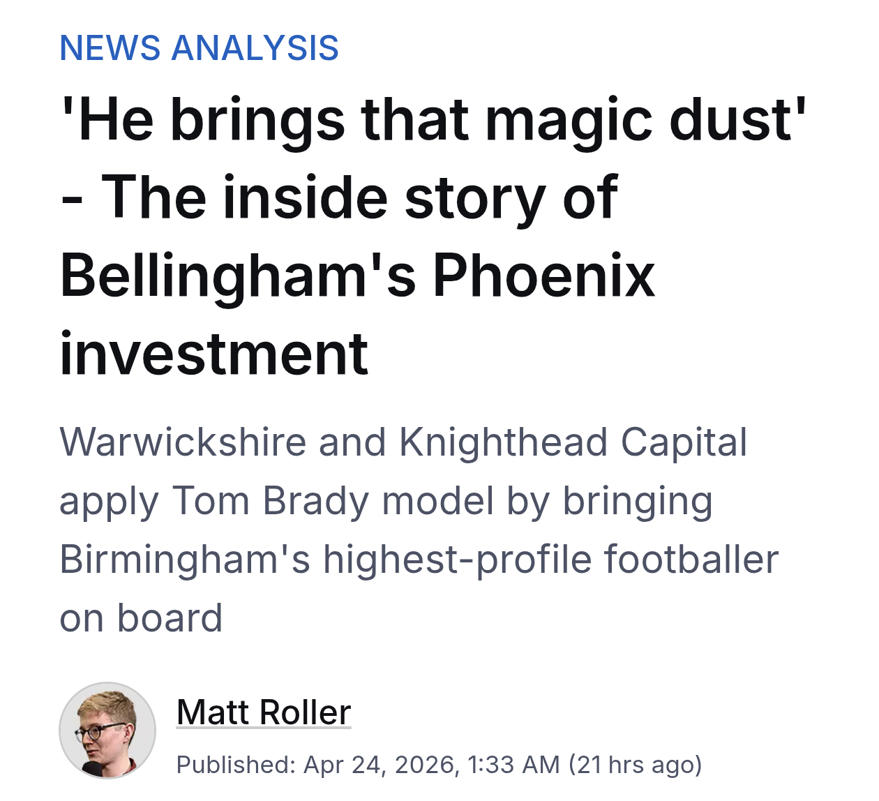 ESPN：“他带来了那种神奇魔力”——贝林厄姆投资凤凰队的幕后故事是汤姆·布雷迪