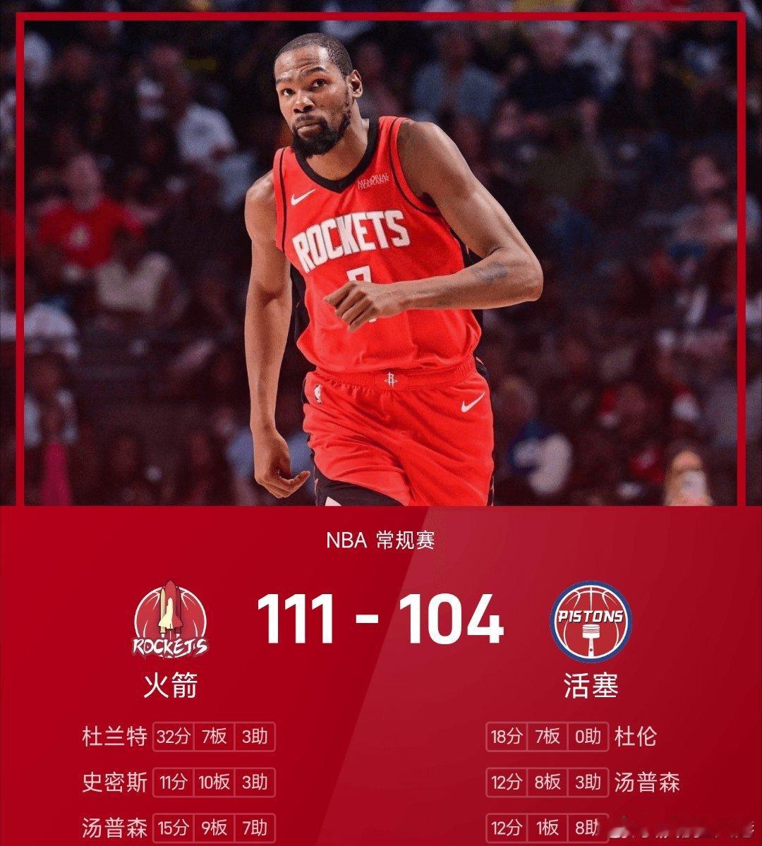 火箭vs活塞nba 活塞104-111不敌火箭。杜兰特砍下全场最高的32分7板3
