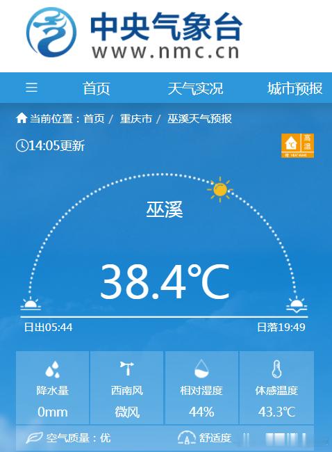 【高温】今天高温最强的区域在我国中西部内陆，截至14时最高，陕西山西四川重庆站点