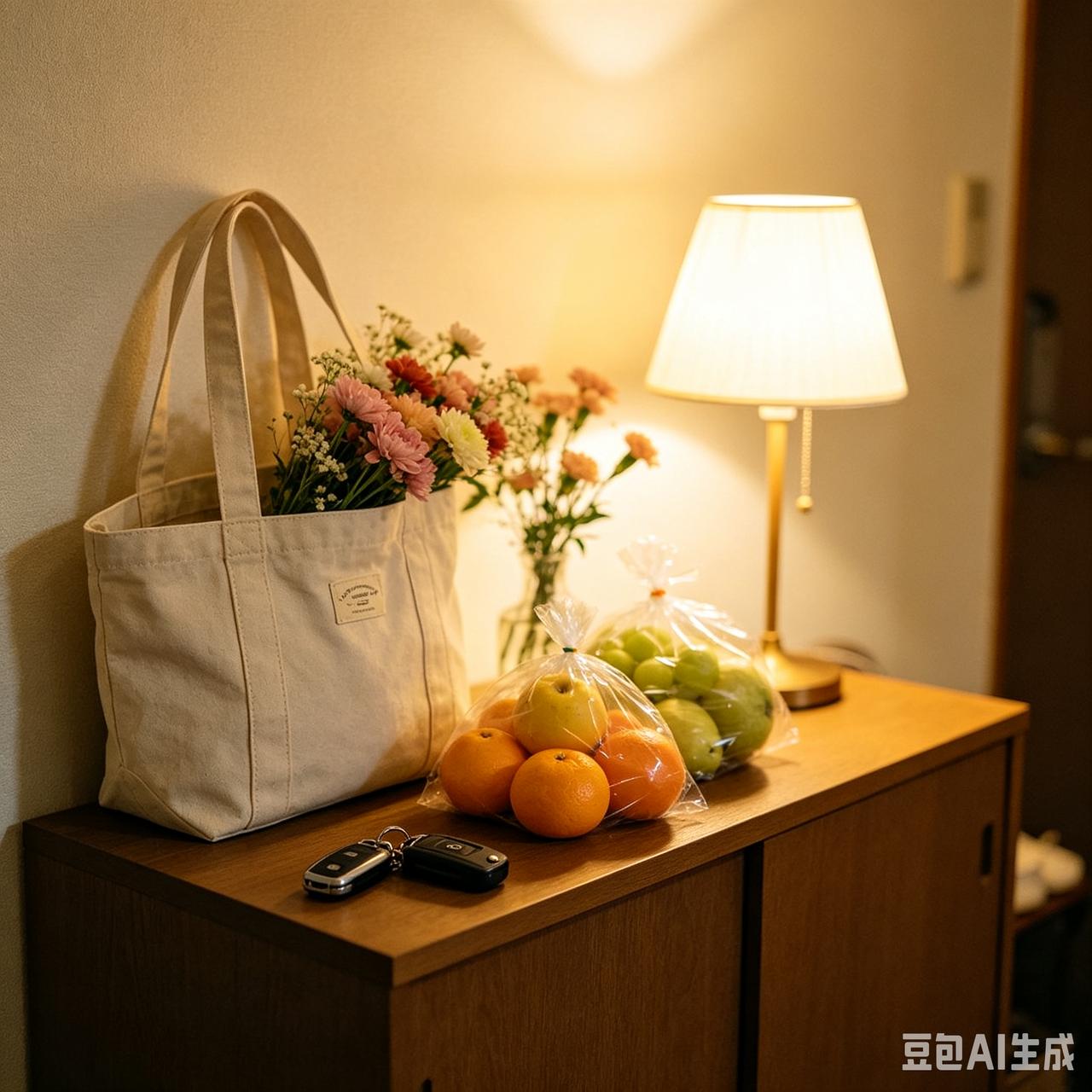 一盏暖灯，一袋鲜花，刚买回的鲜果摆放在木柜上，满是归家的烟火气息。结束一天忙碌，