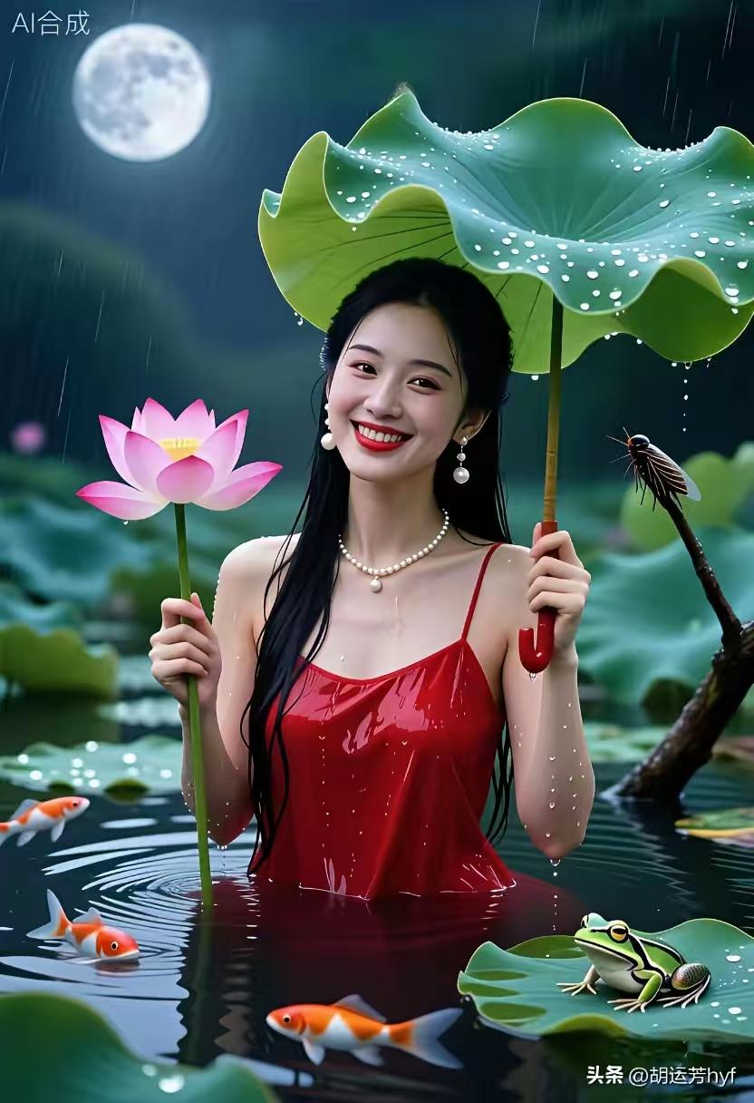 天净沙·靓女与才子
红裙靓女甜颜，
吊带香肩娇妍。
无势才郎赋绵。
井旁吟叹，