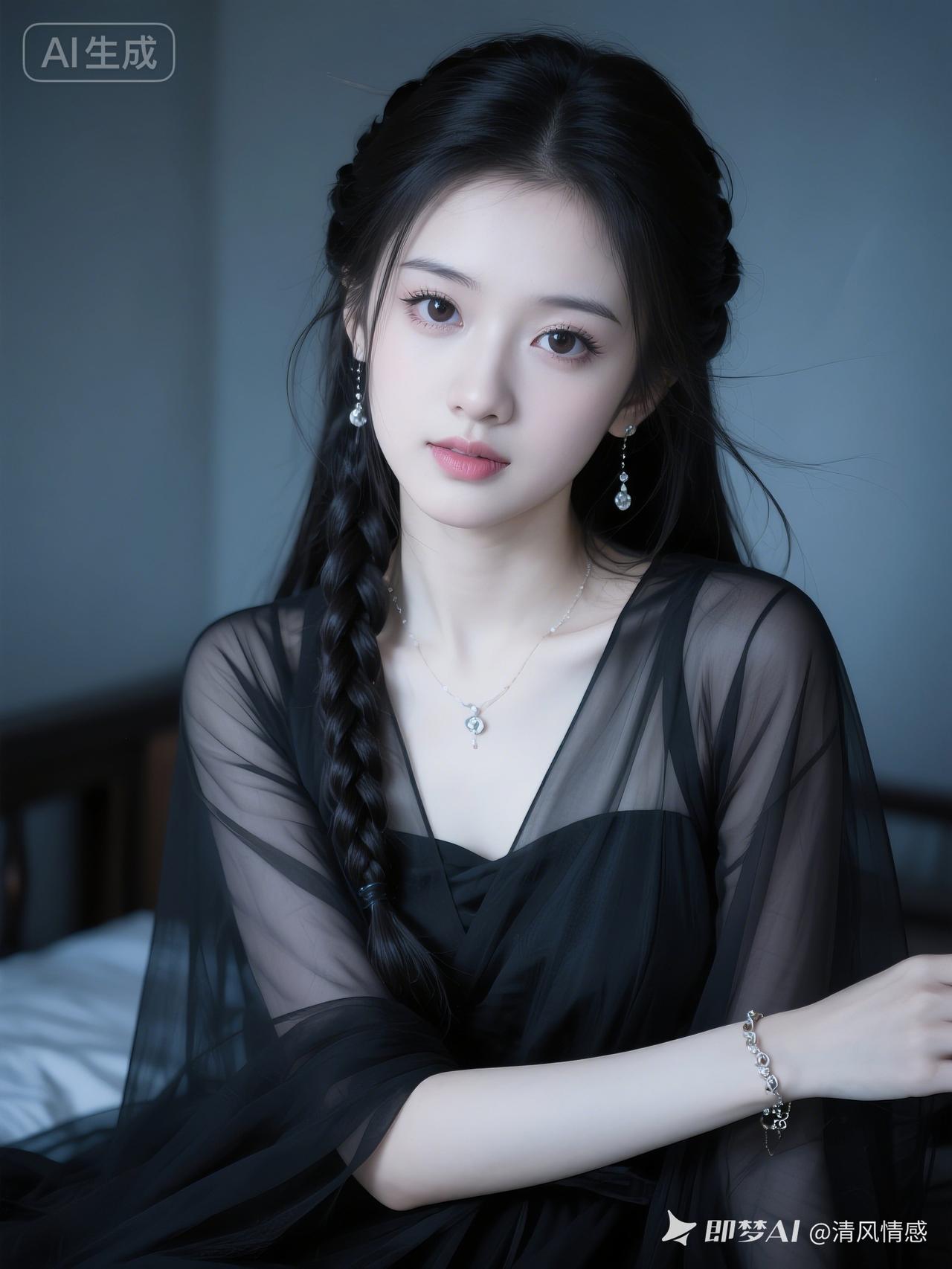 小妹幼态脸蛋，瓷白肌肤，黑纱衣配简约饰品，麻花辫凌乱垂落，俏皮撇嘴，暗调灰蓝背景