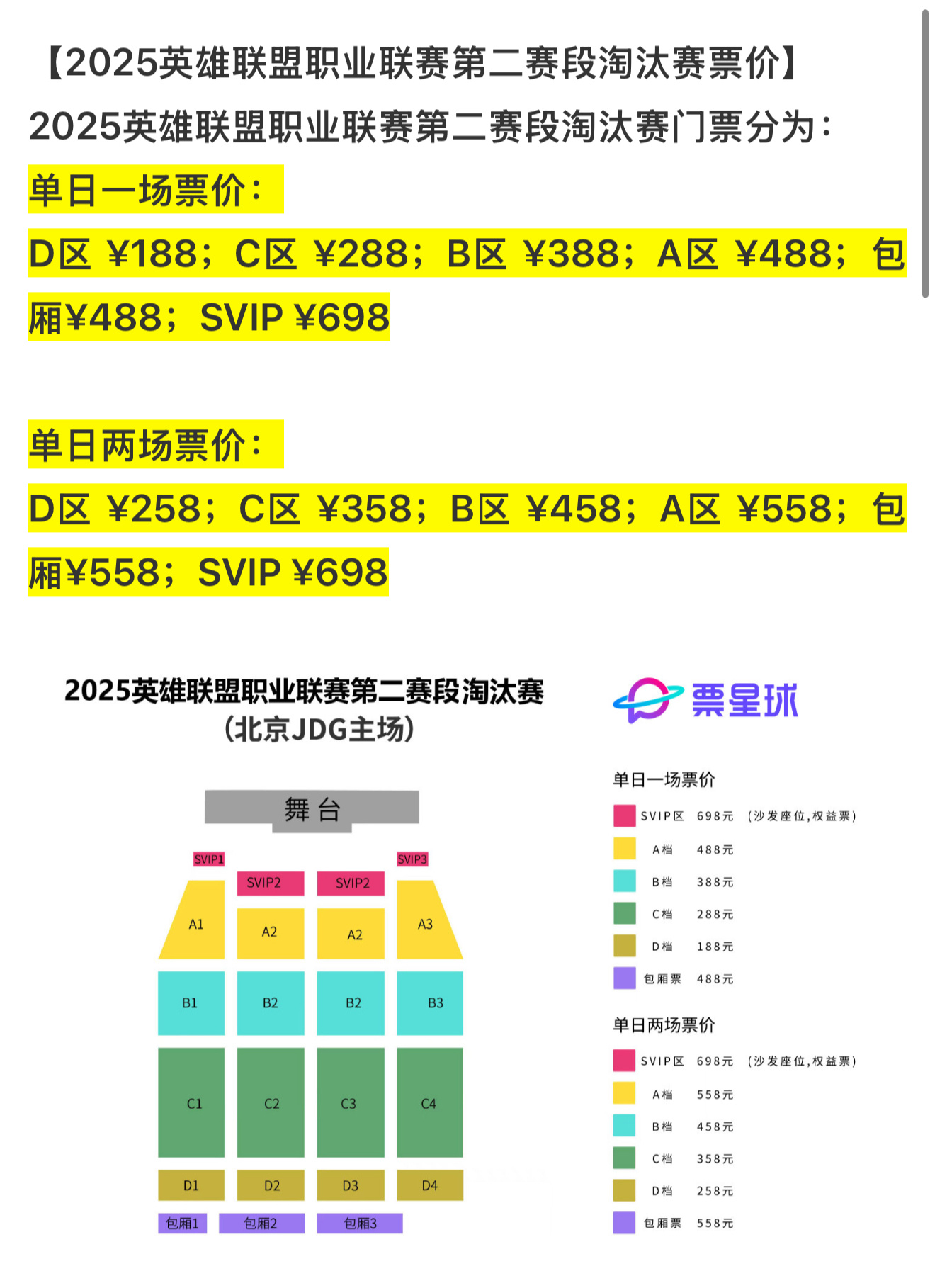淘汰赛的座位图和票价🎫如下⬇️LPL第二赛段淘汰赛2025lpl第二赛段202