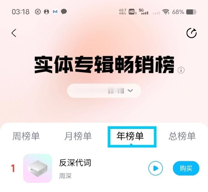 周深年度实体专辑榜首 反复聆听依旧不会腻，旋律耐听，歌词有深度，这样经得起细品的