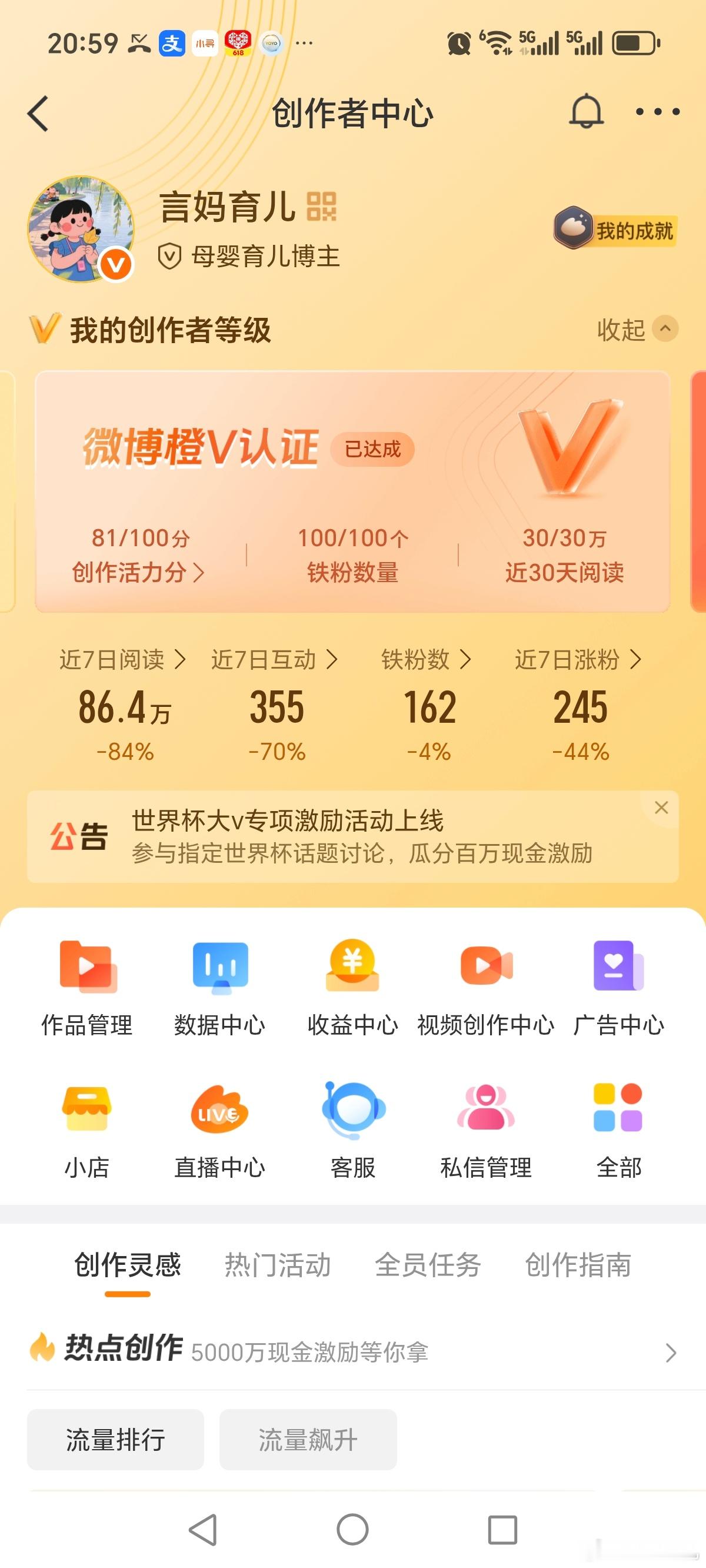 上周创作活力分81分活力分达标了创作活力分可是铁粉又掉了因为我摆烂了几天把精力放