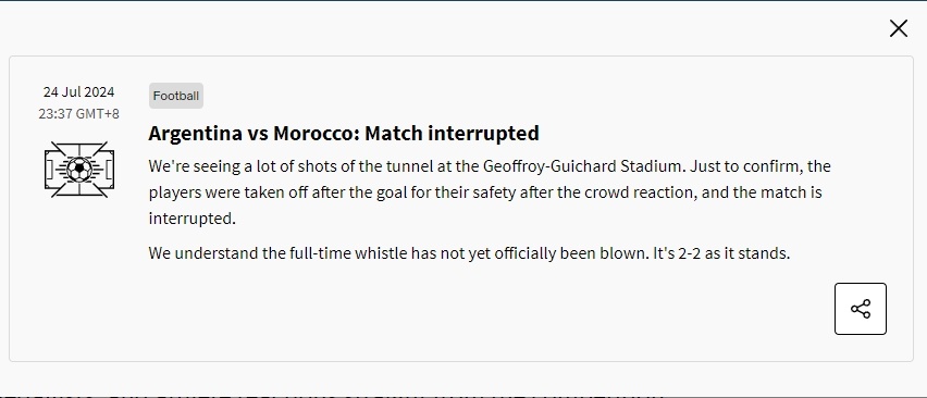 【……[允悲][允悲][允悲]】国际奥委会公告：阿根廷对摩洛哥：比赛中断我们看到