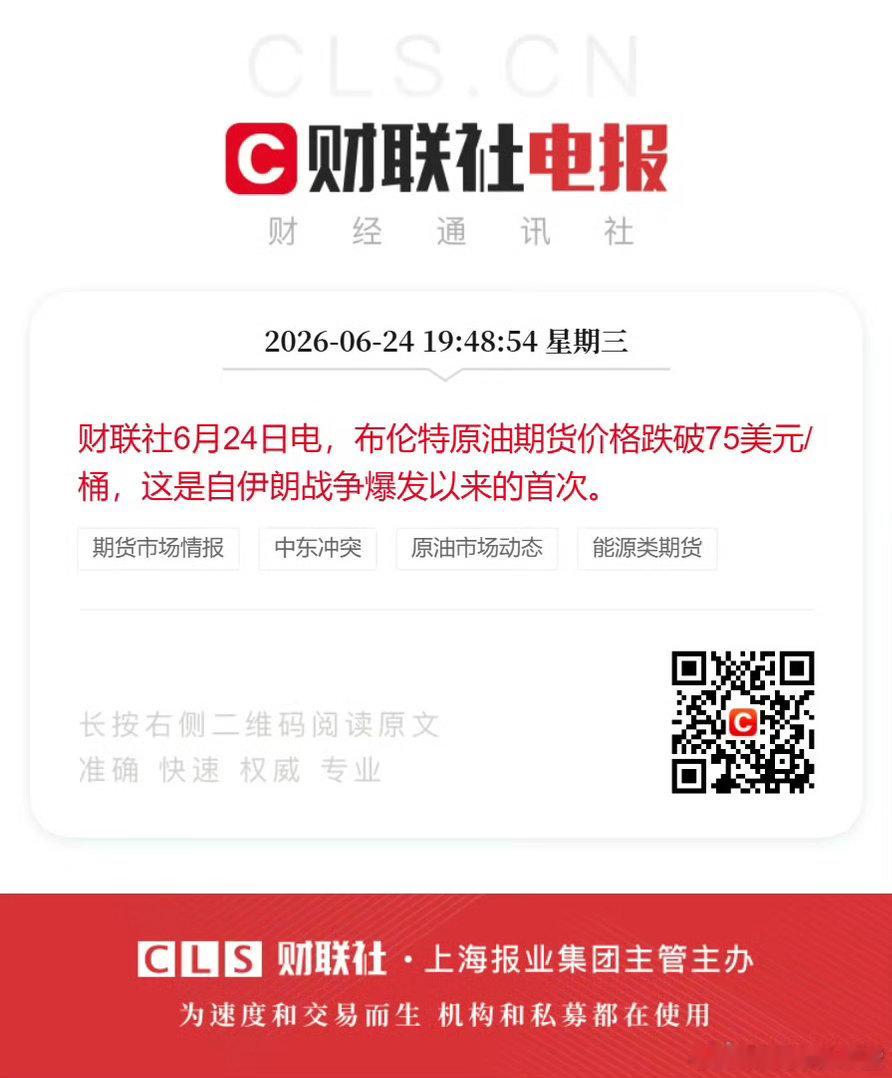 布伦特原油期货价格跌破75美元/桶，这是自伊朗战争爆发以来的首次。 