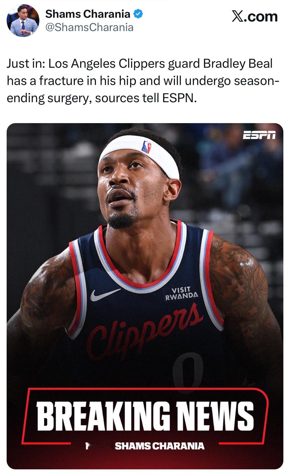 Shams：比尔髋部骨折，将接受赛季报销的手术。 