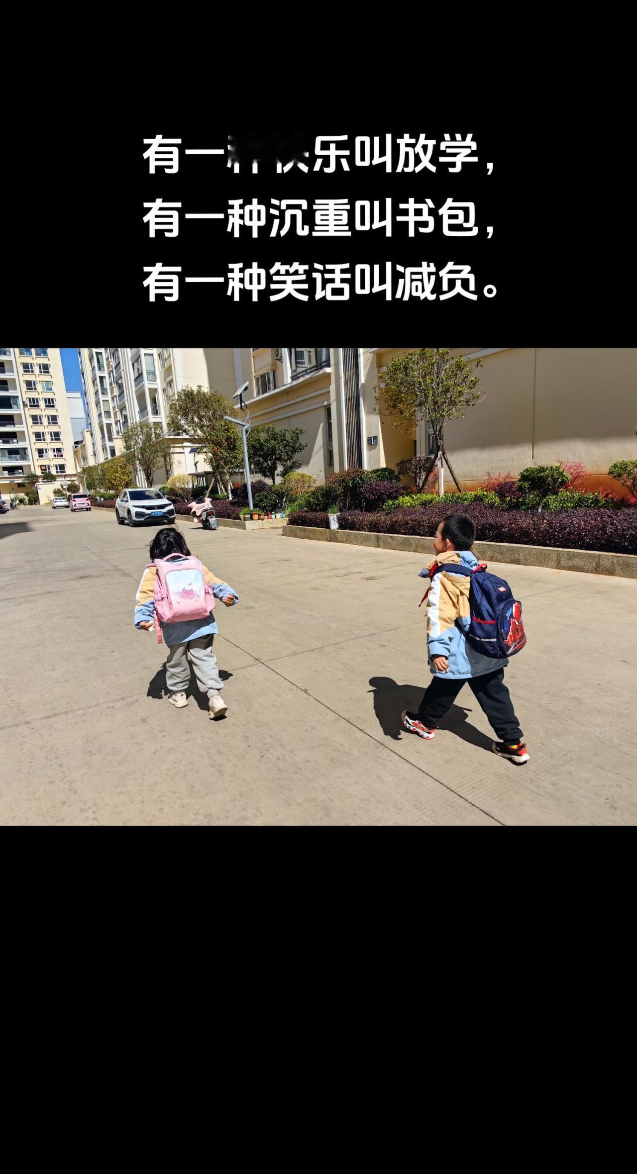 有一种快乐叫放学，
有一种沉重叫书包，
有一种笑话叫减负。