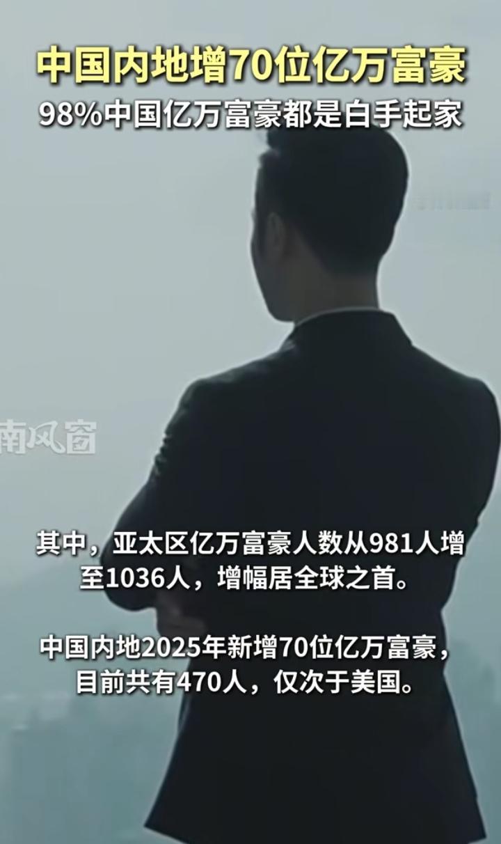 中国人还是有钱
一年新增70位亿万富豪
98%都是白手起家
前一句我信，因为那是