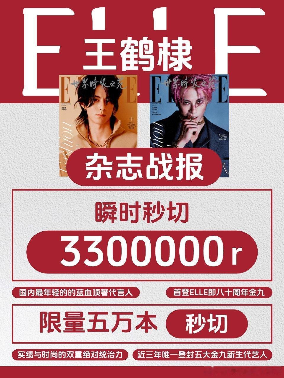 恭喜王鹤棣五大金九ELLE开售即秒切，还把平台卡爆了！ ​​​