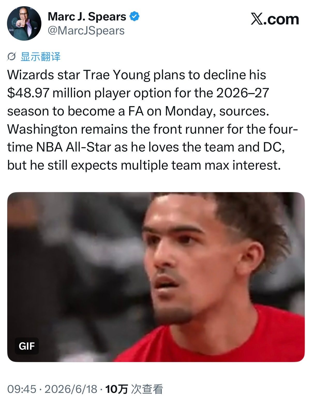 Marc J.Spears：奇才球星特雷·杨计划跳出下赛季价值4890万球员选项
