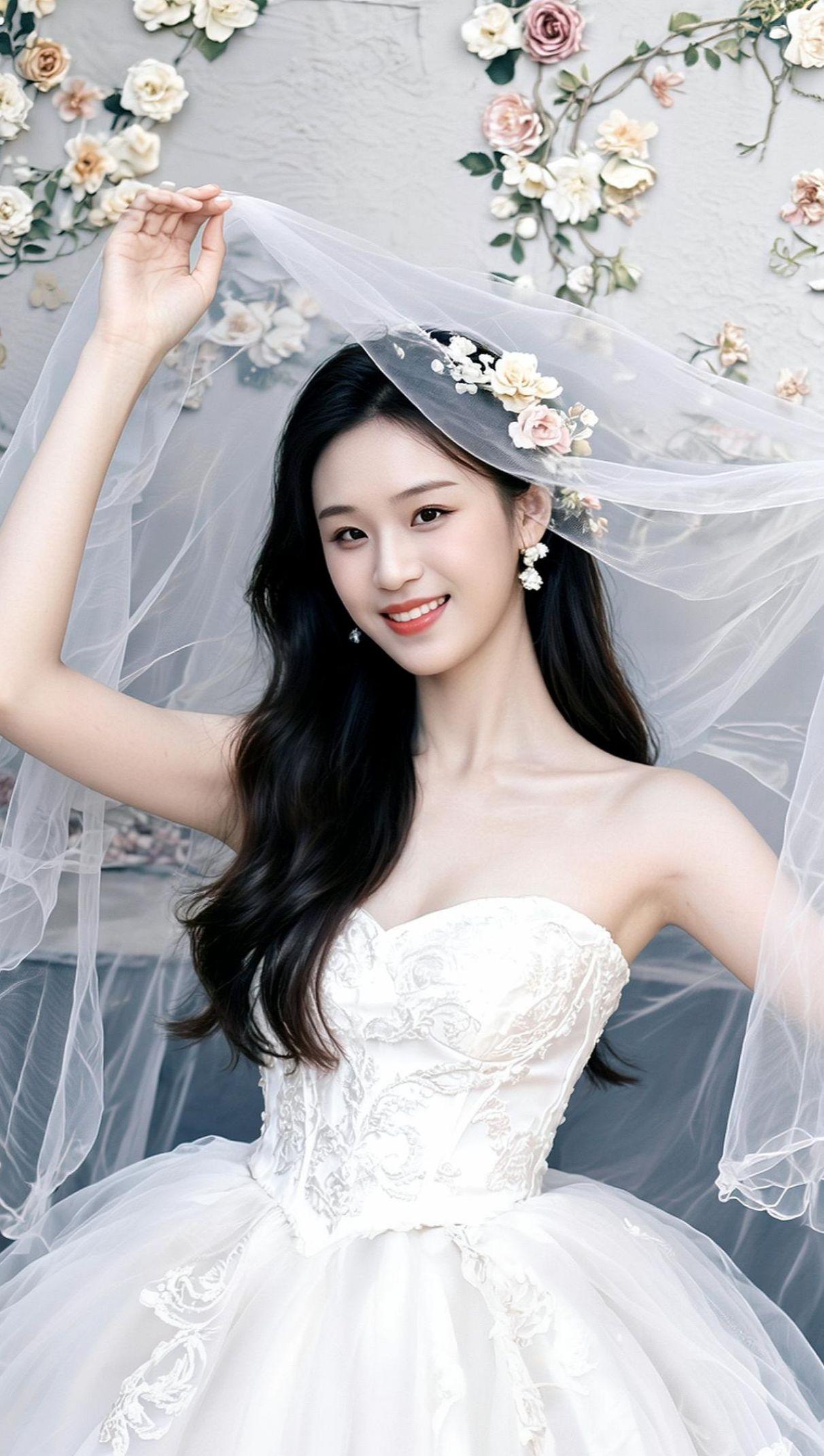 在春日的阳光下，轻纱与花环交织成梦，仿佛置身于童话世界。每一片花瓣都诉说着浪漫，