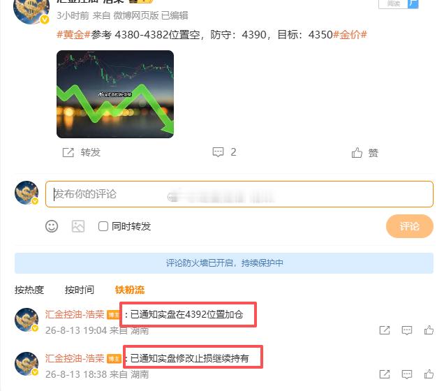 黄金4382位置空，4392位置加仓，在4382位置空单双仓浮盈100个点，白点