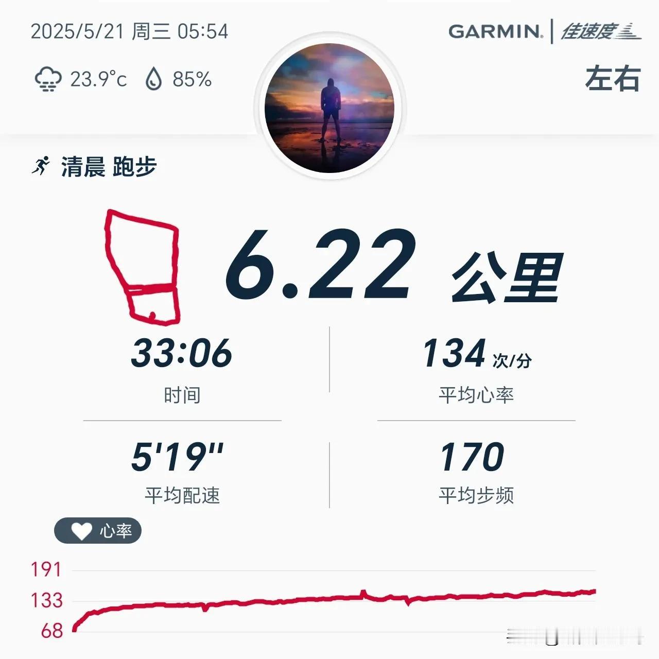 2025.5.21，晨跑6.22公里，用时33分钟，平均配速519，平均心率13