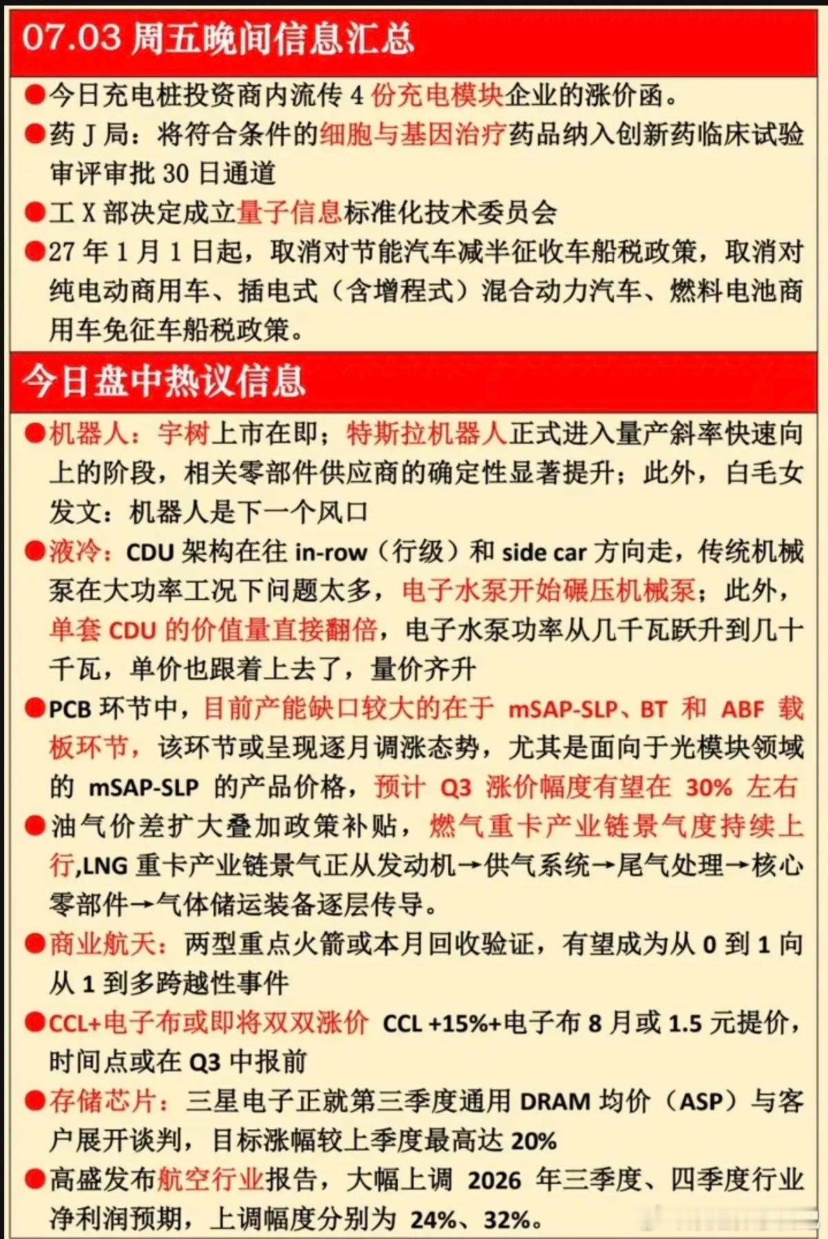 7.03周五  晚间：财经热点信息汇总！1.充电桩2.宇树科技3.液冷服务器4.