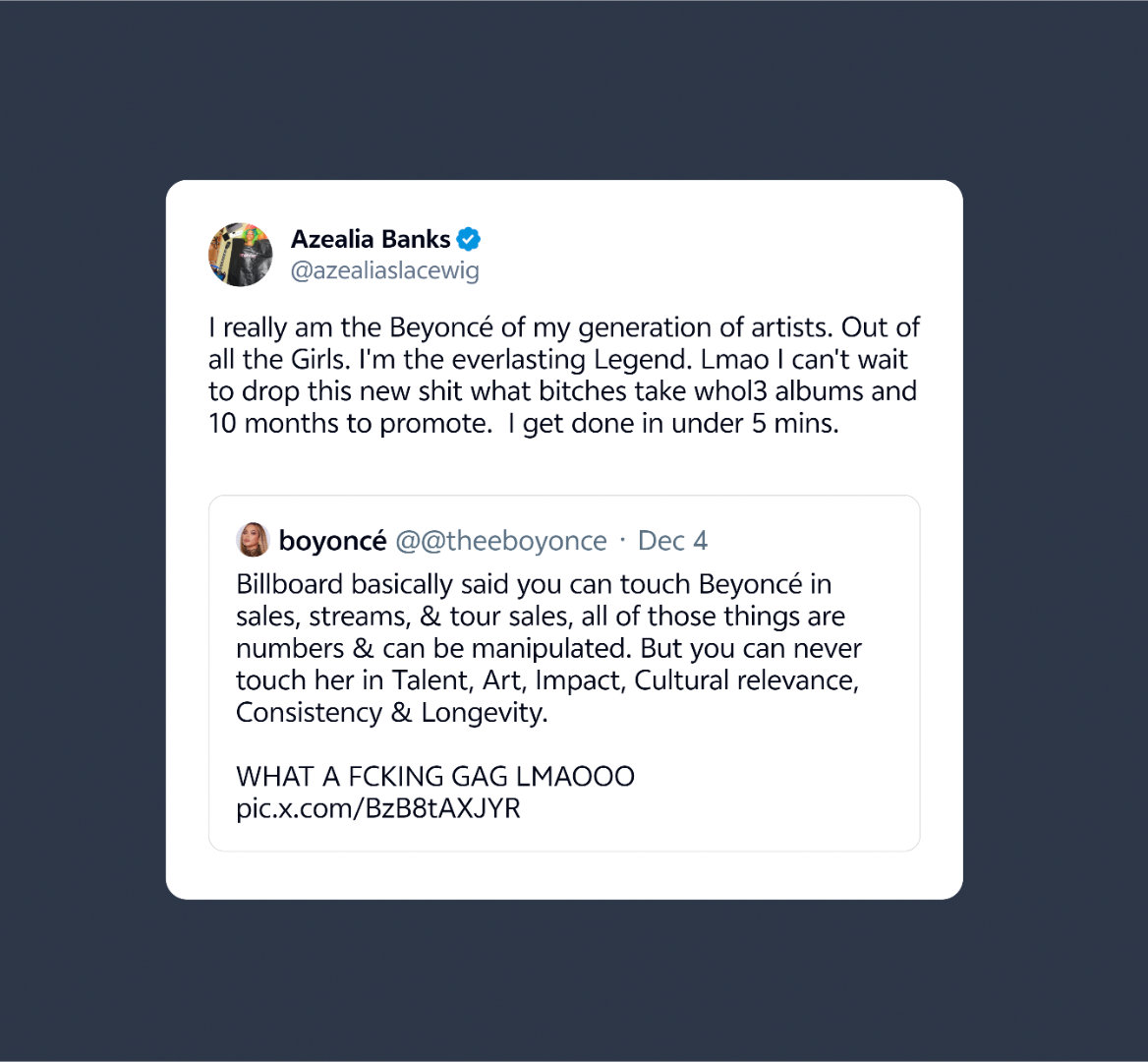 银行婊Azealia Banks在最新推文中称自己是新生代的碧昂丝：“我确实是我