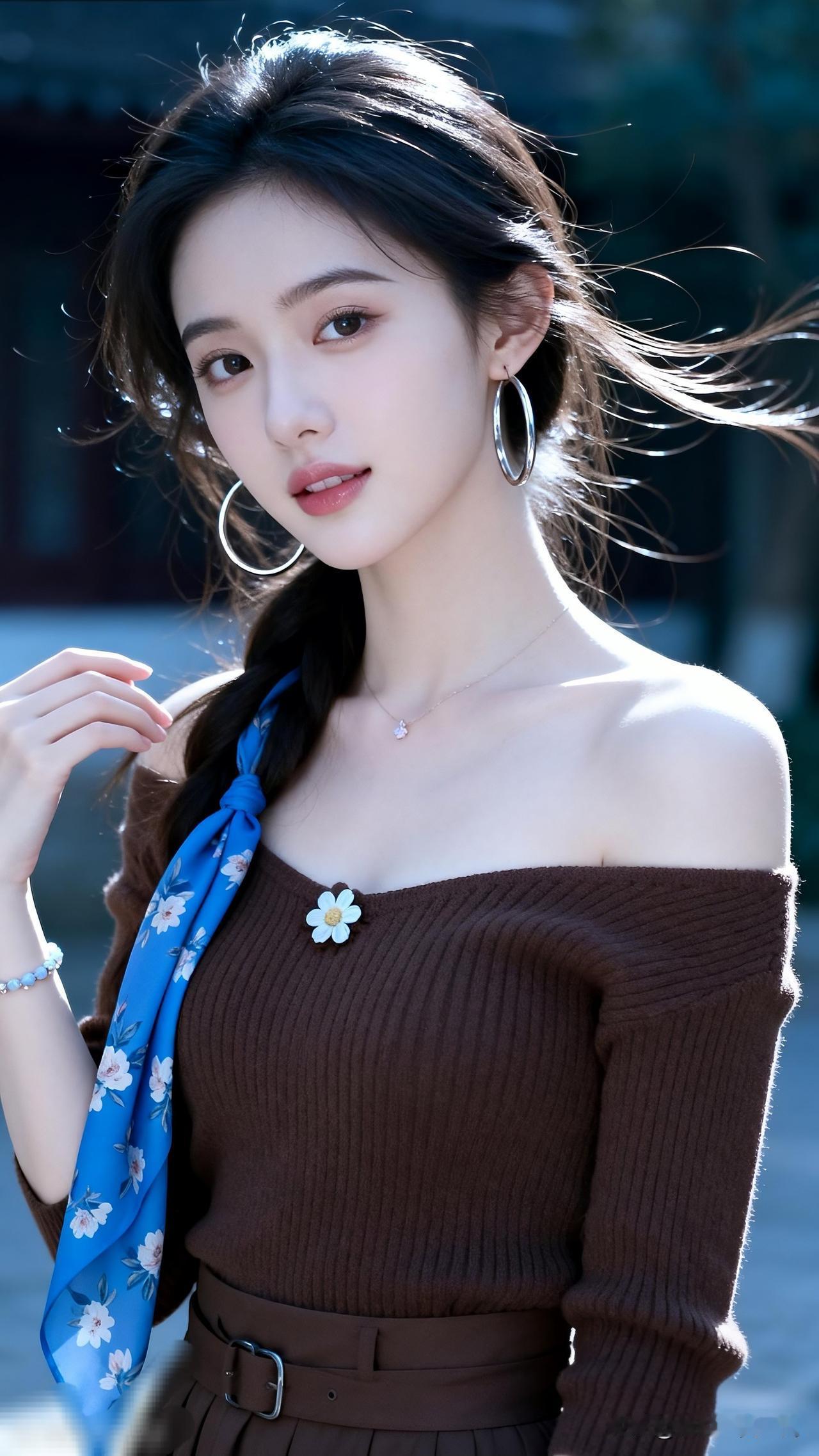 温柔少女风，棕色毛衣+蓝色丝巾，清新自然！