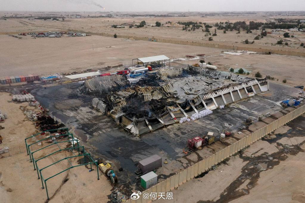 一张航拍图片显示，美国哈里伯顿公司在伊拉克巴士拉的办公场所和仓库遭伊朗无人机导弹