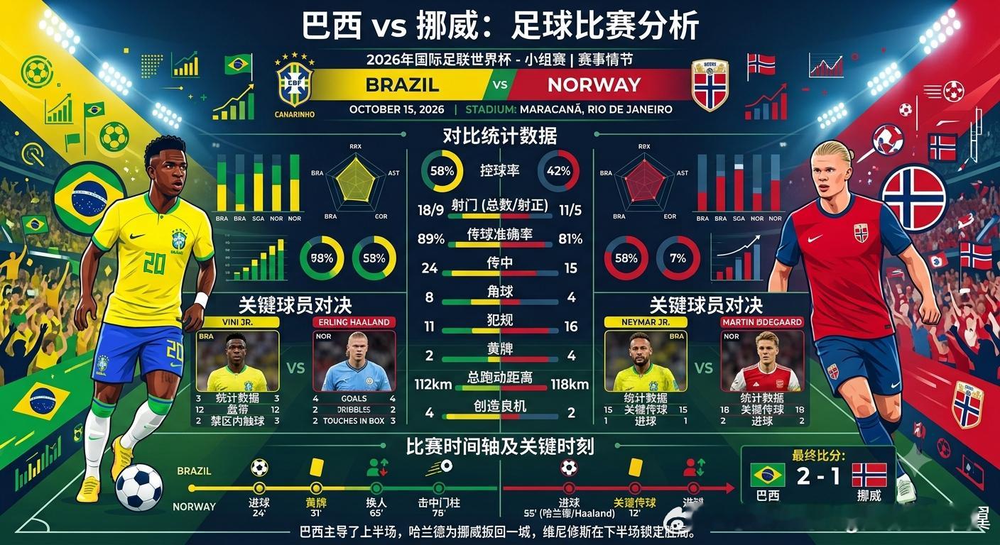 巴西VS挪威 大V观赛团 在2026年美加墨世界杯1/8决赛中，挪威队以2-1爆
