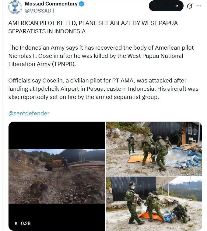 美国飞行员在印度尼西亚遭西巴布亚分离主义武装杀害，飞机被焚毁

印度尼西亚军方表